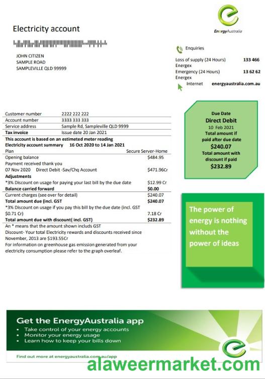 Australia Energy proof of address utility